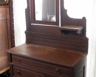 Antique Three Drawer Dresser With Tilt Mirror, On Rolling Casters, 72.5" x 37" x 17"