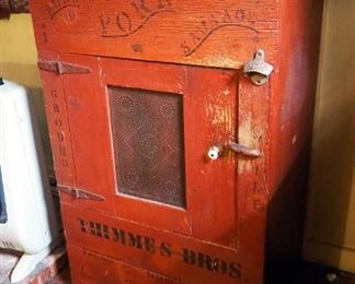 Antique Wood Dry Storage Cabinet With Punched Tin On Door, 45" x 28.5" x 19"