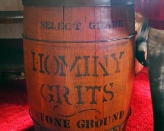 Hominy Grits Slat Wood Keg Barrel With Sharpening Stone Top, 20" Tall x 12" Diameter