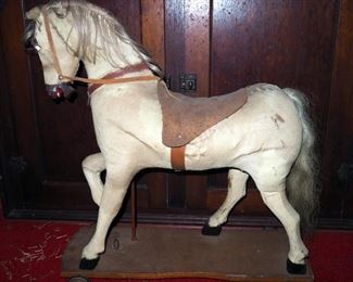 Antique Child's Pull Along Horse Toy Covered In Authentic Horse Hide, 25" x 24" x 10"
