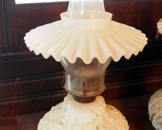 Matching 15" Pressed Glass Oil Lanterns With Ruffled Glass Shades Qty 2