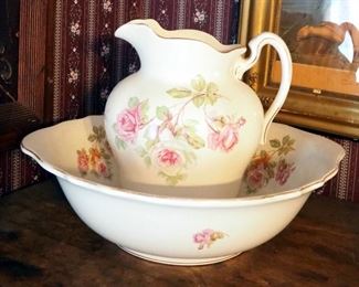 Porcelain 17" Wash Basin With Matching Pitcher, Marked 927