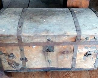 Antique Wood Storage Chest With Key, 14" x 28" x 15.5"
