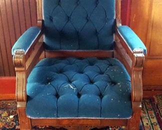 Antique Carved Wood Parlor Chair With Button Tufted Upholstery, 39" x 25" x 20"