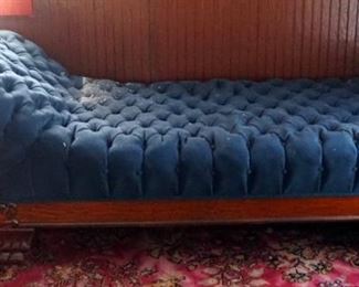 Antique Carved Wood Chaise Lounge With Button Tufted Upholstery, 29" x 75" x 32"