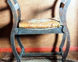 Antique Bent Wood Bench With Padded Leather Seat Cushion, 36" x 30.5 x 18.5"