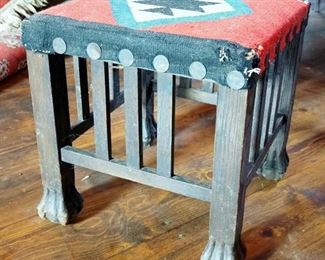 Antique Mission Style Foot Stool With Woven Saddle Blanket Top And Carved Feet, 16" x 14.5" x 15"