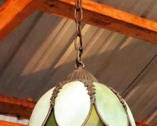 Antique Slag Glass Lotus Pendant Light, Stained Glass And Scrolled Metal Light, Milk Glass Fixture And Red Glass Globe Pendant Light