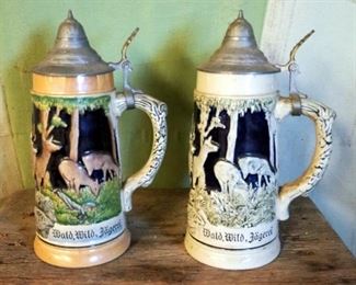 German Ceramic Steins With Lids, Qty 2
