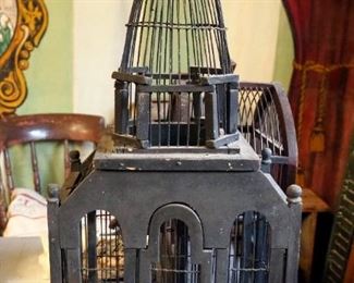 Decorative Wood And Wire Birdhouses, Qty 2, Ceramic Bird Figures And Water Pump