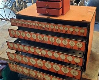 Vintage 5 Drawer Metal Mazda Bulb Organizer, 17" x 22.5" x 12.25", And Wall Mounted Three Drawer Hardware Box, 6.5" x 8" x 6"