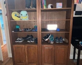 Pair Oak book shelves with storage