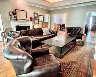 Restoration Hardware Leather Churchill Recliners, Sofa, Parquet Coffee table