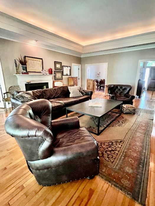 Restoration Hardware Leather Churchill Recliners, Sofa, Parquet Coffee table