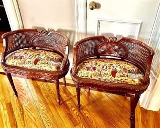 Pair of French Louis VXI style settees upholstered in Brunschwig and Fils fabric