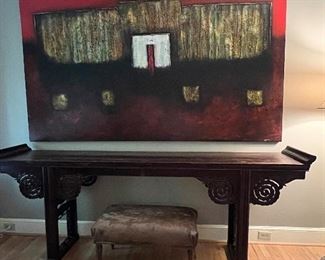 Antique Asian banquet table and large painting on canvas