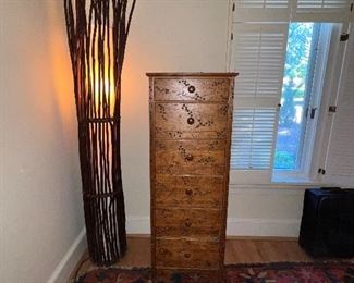 Distressed and nail head embellished lingerie chest, Large stick floor lamp