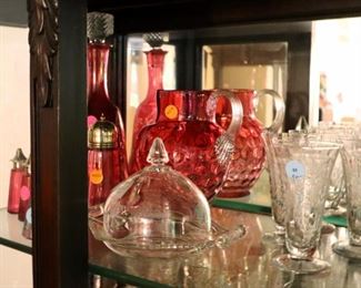 Cranberry glass ($10-50), glasses ($10-50)