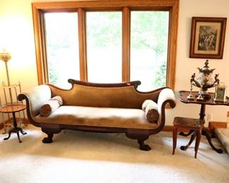 Mahogany Empire Sofa ($375), Brass organ lamp ($450), Mahogany side table ($150), covered urn ($275)