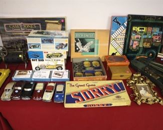 Model cars ($25), board games ($5-50), Casey Jones Cannon Ball Express ($10), Steam train engine ($100)
