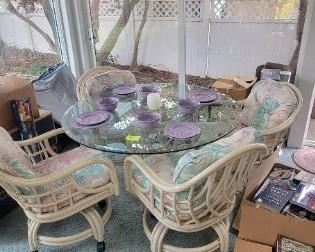 Glass table and chairs, plates not for sale