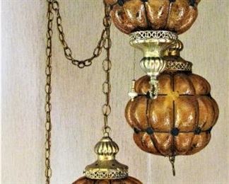 Vintage Midcentury Modern Swag Lamp with Amber Crackle Glass Globes