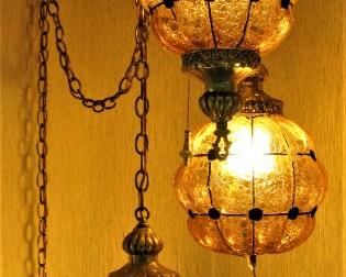 Vintage Midcentury Modern Swag Lamp with Amber Crackle Glass Globes