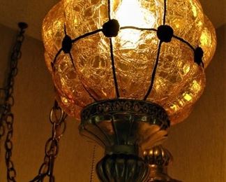 Vintage Midcentury Modern Swag Lamp with Amber Crackle Glass Globes