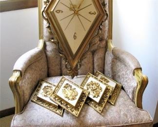 Vintage High Back Chair and Syroco Wall Clock with Matching Wall Plaques