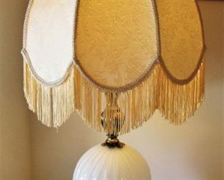 Vintage Milk Glass Lamp with Fringe Shade