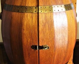 Vintage 50'S Wood Barrel Shape Minibar / Liquor Cabinet