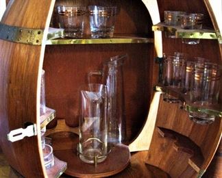 Vintage 50'S Wood Barrel Shape Minibar / Liquor Cabinet