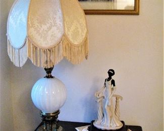 Vintage Milk Glass Lamp with Fringe Shade
