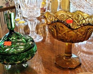 Amber Dish - Footed Green Cut Crystal Dish