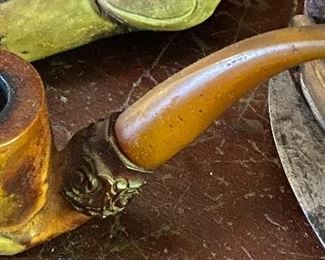 Ornate Figural Hand Pipe (Meerschaum/Amber Stem)