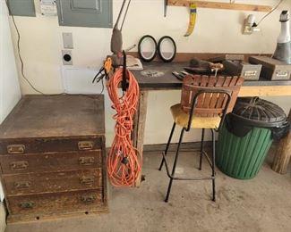 Old tool chest, office stool