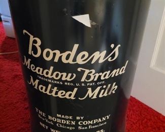 Large Borden malted milk tins  And other milk bottles and liquor bottles