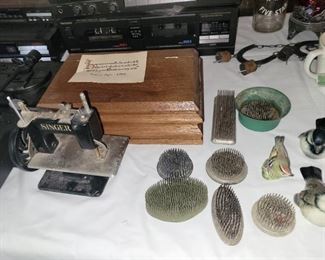 Vintage Flower Frog, small singer sewing machine