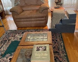 Over size La-Z-Boy chair(matches sofa) stain glass side tables, large Bible and more