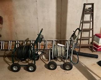 Ladders, Two metal hose reels with hoses ....