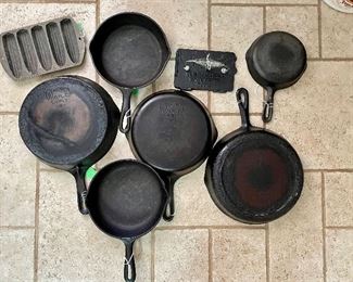 Cast Iron! Wagner Ware Sidney -0-, Old Mountain Grill Press C2009, Lodge 527C2...