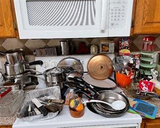 Cookware; pots, pans, utensils, vintage glass refrigerator dishes/lids...