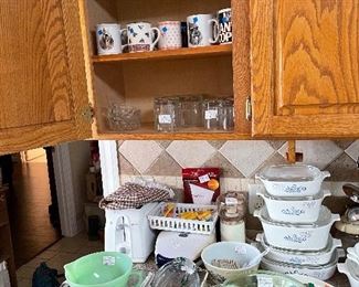 Toaster, waffle press, vintage Pyrex 'Blue cornflower' Fire king Jadeite handled & spouted mixing bowl, mugs, glasses, glass casserole dishes...