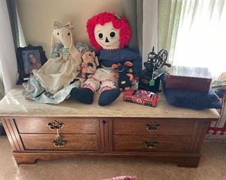 Lane cedar chest, Raggedy Ann doll, rabbit doll, old coffee grinder etc.