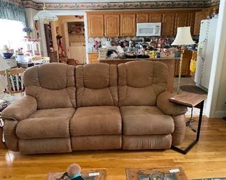 La-Z- Boy recliner sofa, natural wood small table with phone charger built in, floor lamp and more.
