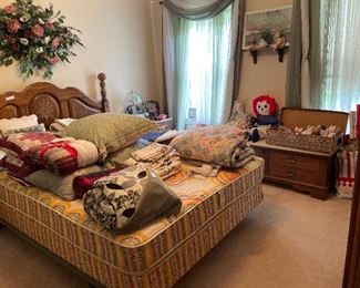 Rock City Furniture Co. full size bed,  lots of great linens, Lane cedar chest, Large Raggedy Ann doll.