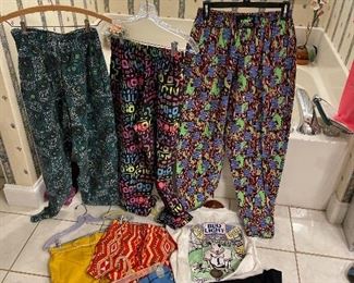 Vintage Gecko Hawaii pants, vintage men's swim trunks, Spuds McKenzie tshirt,  The Govenator, California tshirt.
