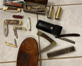 Vintage! Knives, (Buck 110 knife and case) Ronson "Varaflame" lighters, razor, leather grooming horse brush