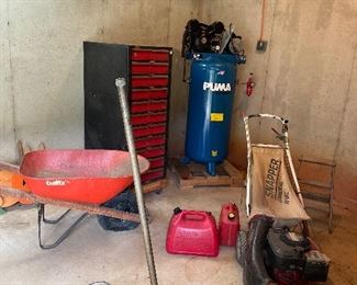  Wheelbarrow, Black & Decker tool chest, Puma air compressions 6 hp cast-iron pump, snapper mower, jack, gas containers.