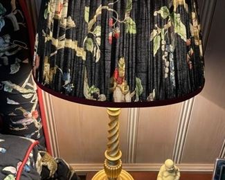 Pair of Gold Candlestick Table Lamps with Jungle Print Shades.